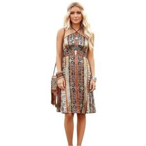Nicole Miller Halter Scarf Satin Dress 6 Boho Floral Hippie Gypsy Festival